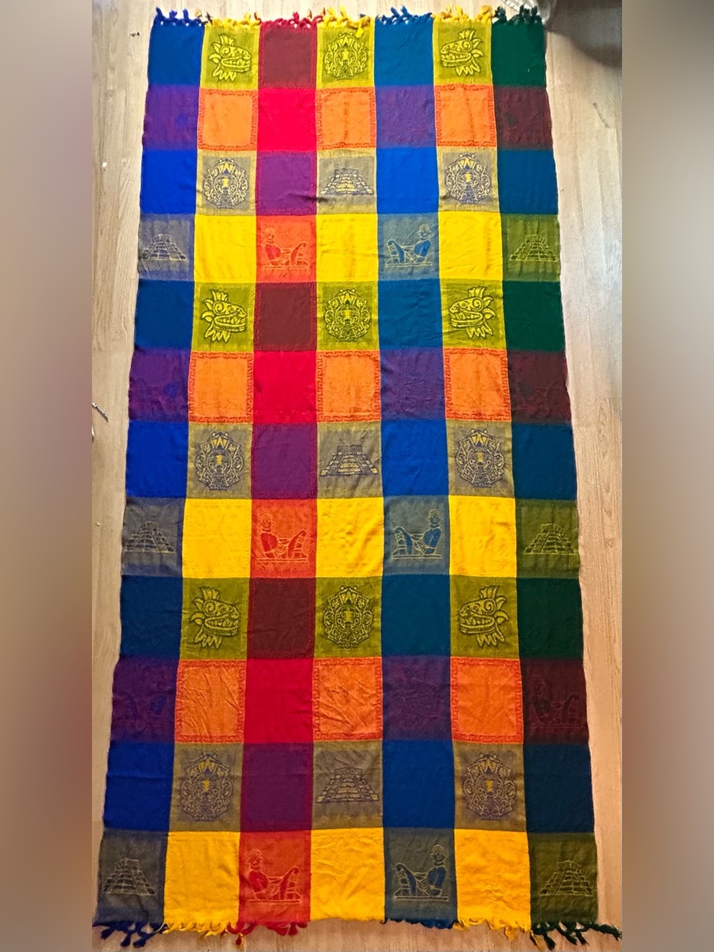 Mexican Aztec Mayan Woven Blanket Tapestry 90x42 Multicolor Fringe Wall Art